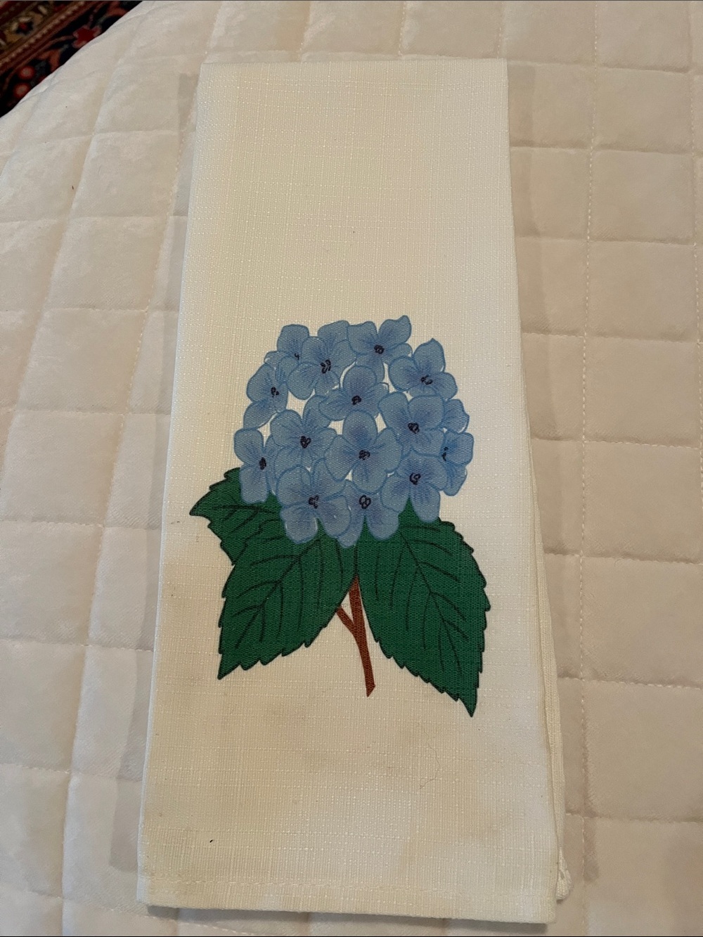 Source Unknown White Kitchen Towel with Blue Hydrangea and Green Leaves